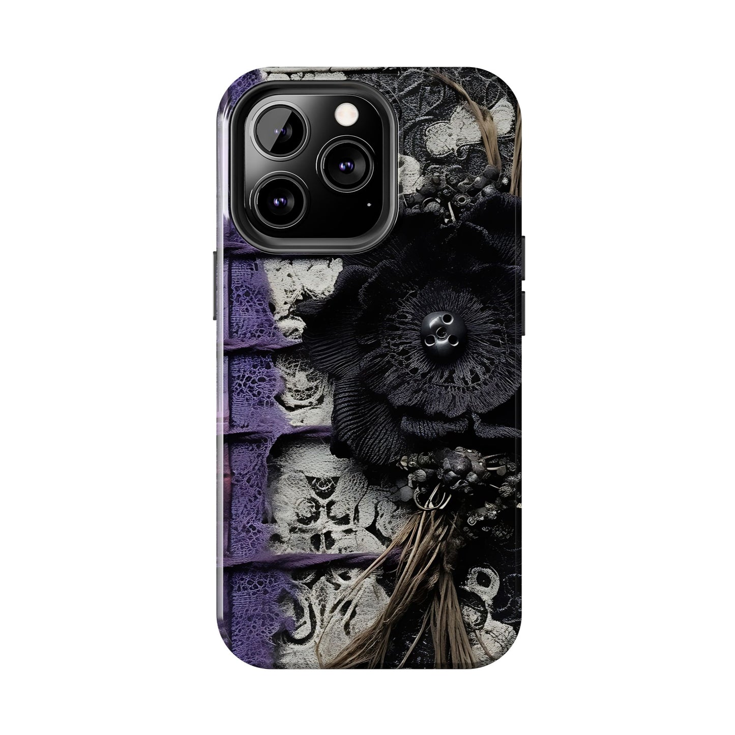 Gothic Skull Floral Tough Phone Case – Black Flower & Purple Accent Protective Cover