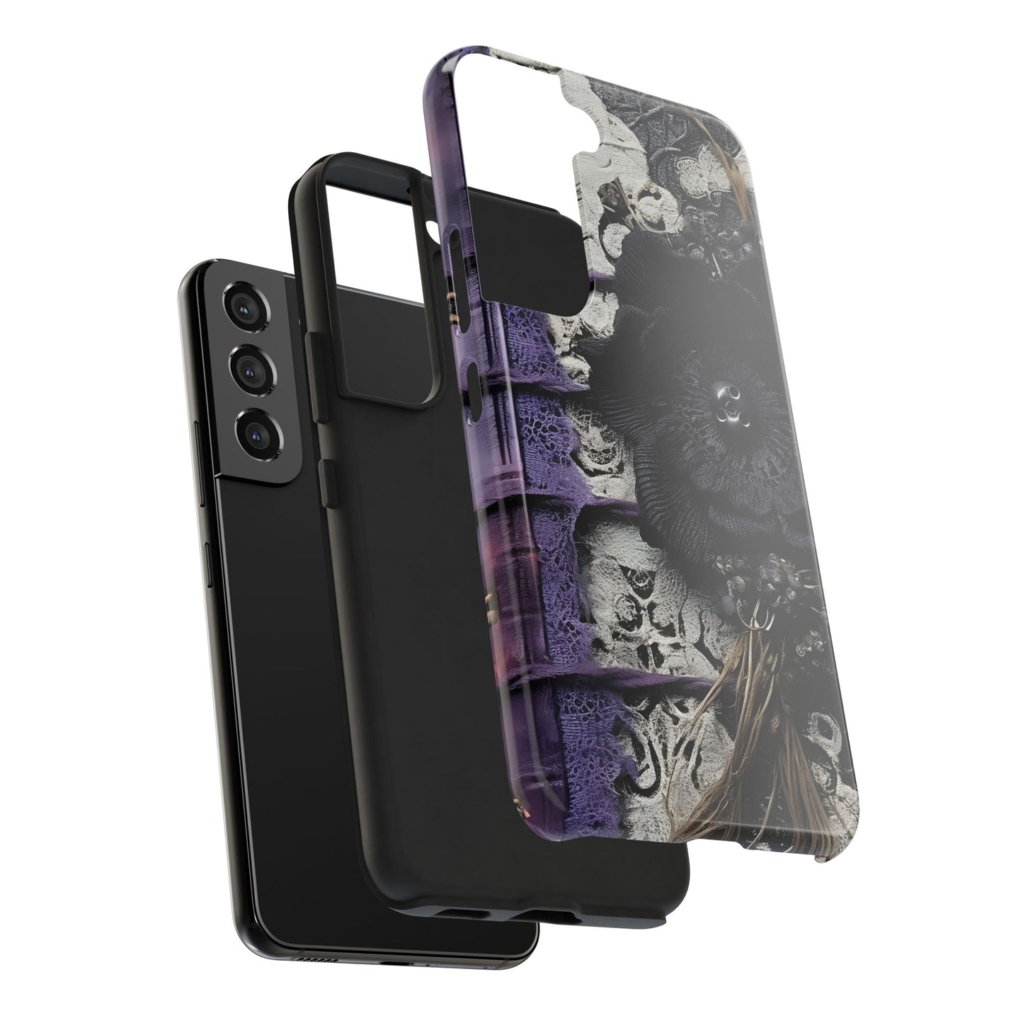 Gothic Skull Floral Tough Phone Case – Black Flower & Purple Accent Protective Cover