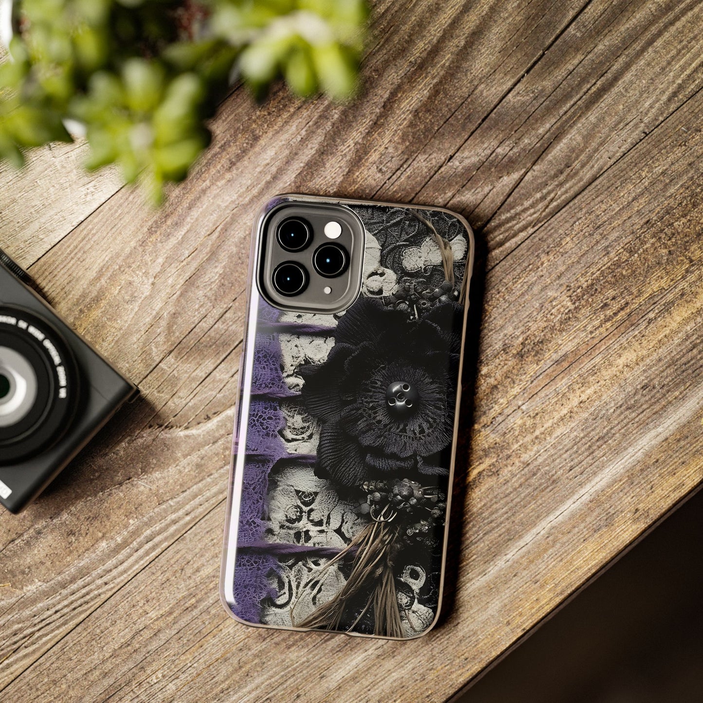 Gothic Skull Floral Tough Phone Case – Black Flower & Purple Accent Protective Cover