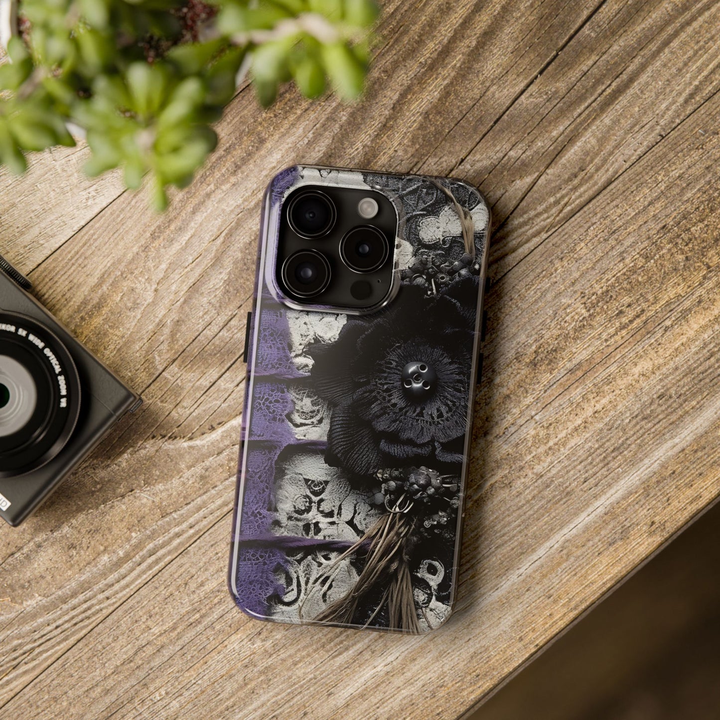 Gothic Skull Floral Tough Phone Case – Black Flower & Purple Accent Protective Cover