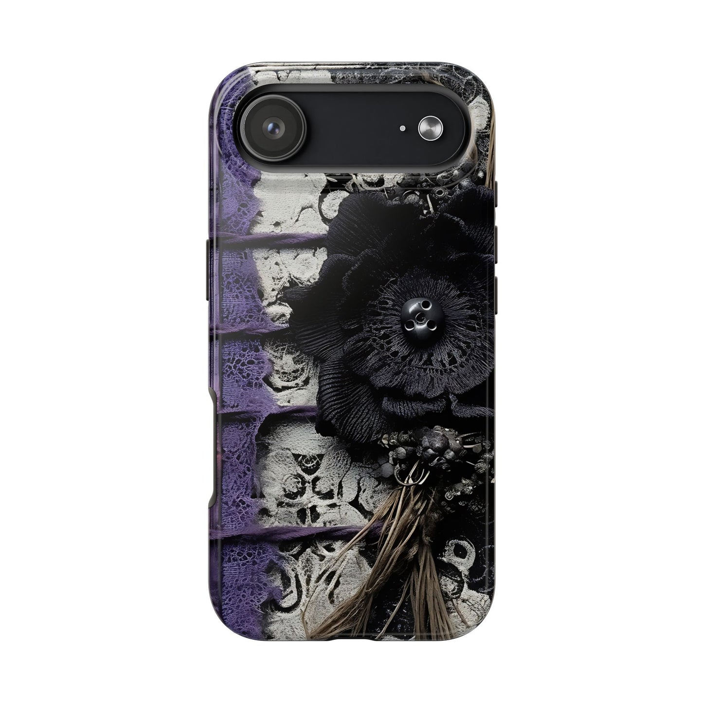 Gothic Skull Floral Tough Phone Case – Black Flower & Purple Accent Protective Cover