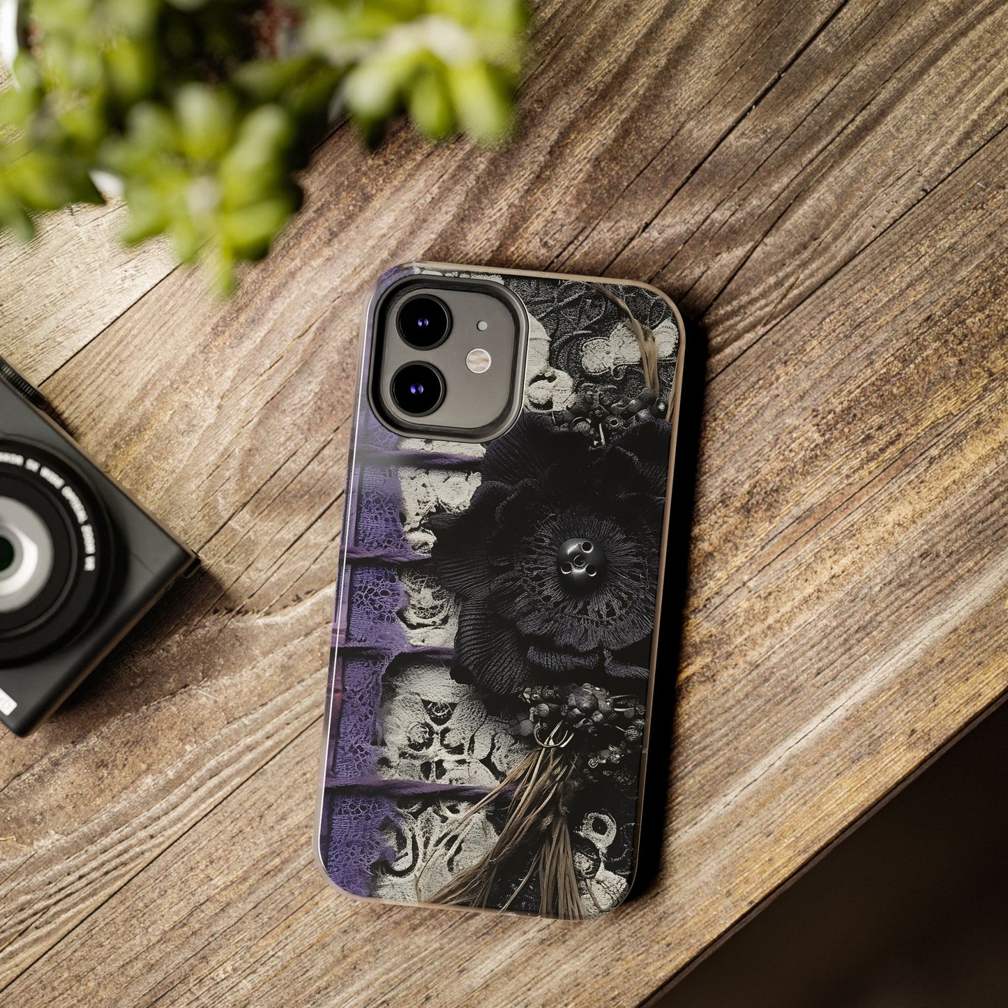 Gothic Skull Floral Tough Phone Case – Black Flower & Purple Accent Protective Cover