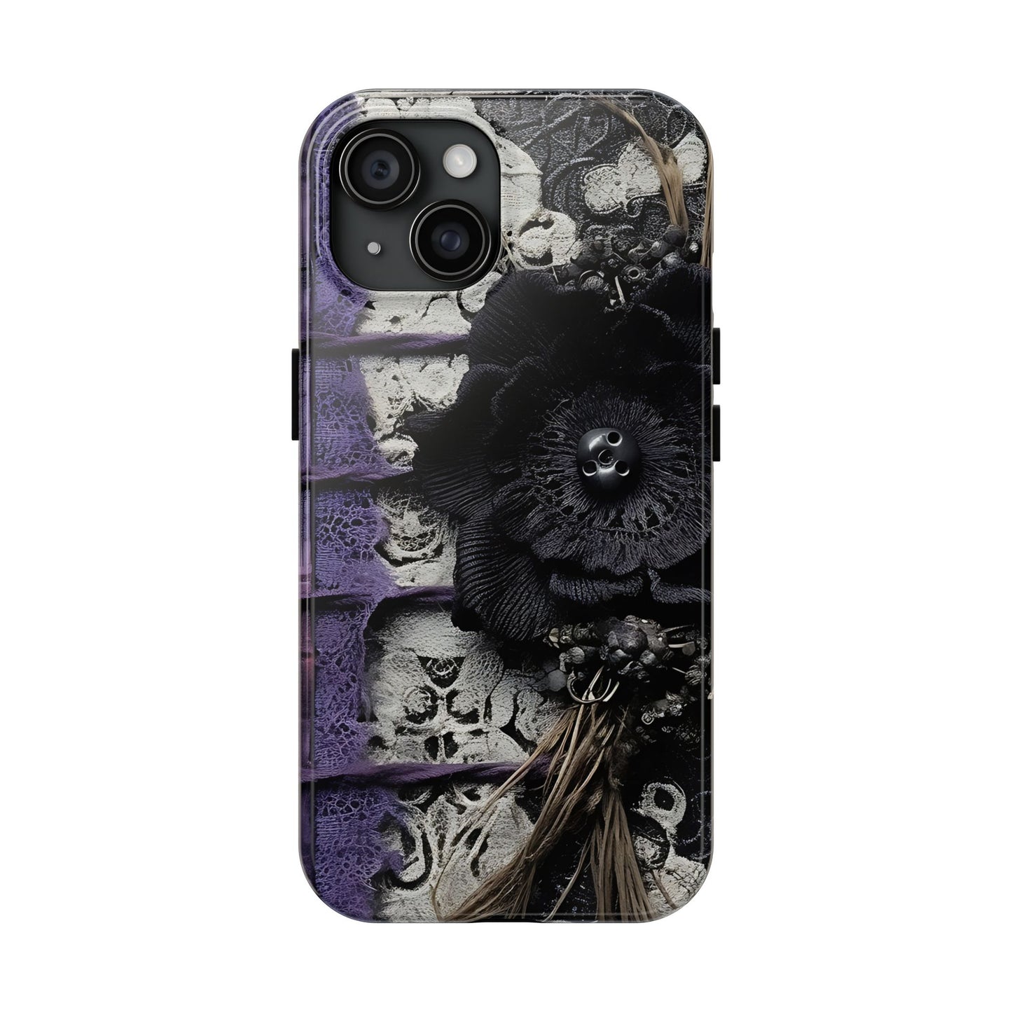 Gothic Skull Floral Tough Phone Case – Black Flower & Purple Accent Protective Cover