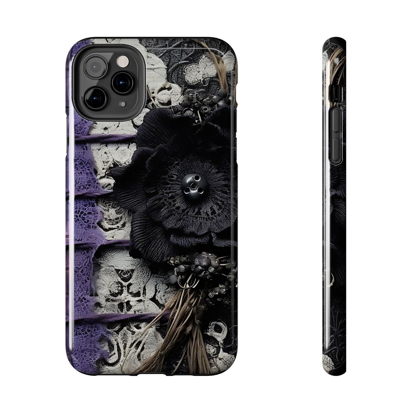 Gothic Skull Floral Tough Phone Case – Black Flower & Purple Accent Protective Cover