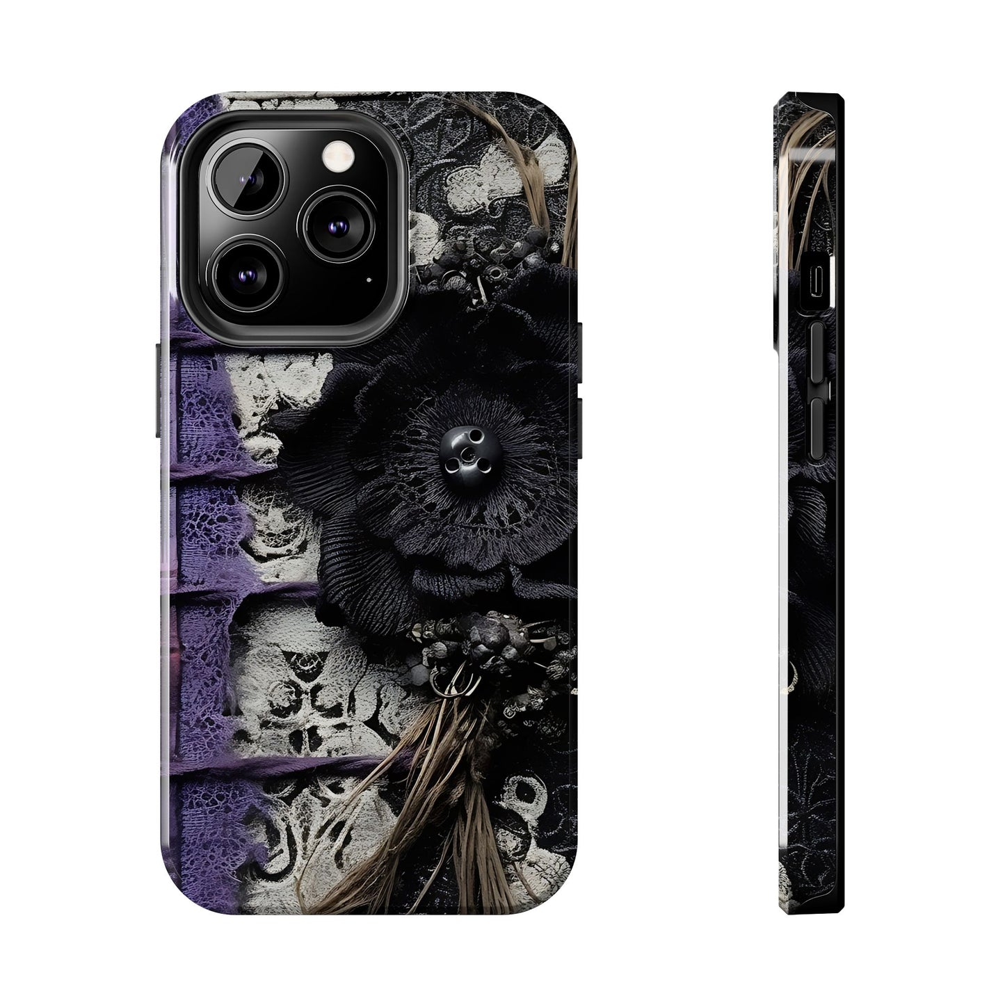 Gothic Skull Floral Tough Phone Case – Black Flower & Purple Accent Protective Cover