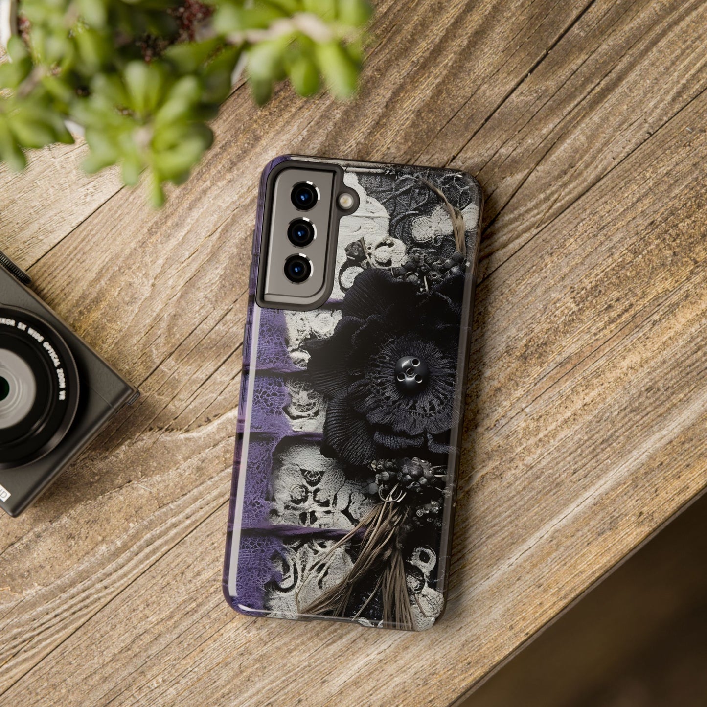 Gothic Skull Floral Tough Phone Case – Black Flower & Purple Accent Protective Cover
