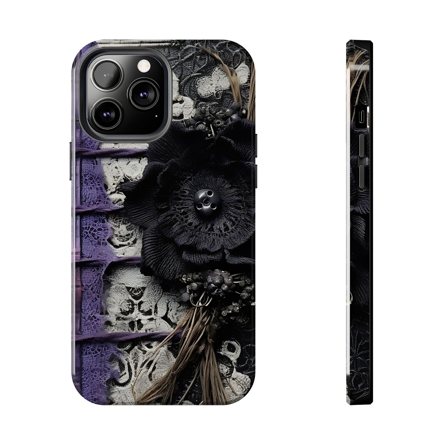 Gothic Skull Floral Tough Phone Case – Black Flower & Purple Accent Protective Cover