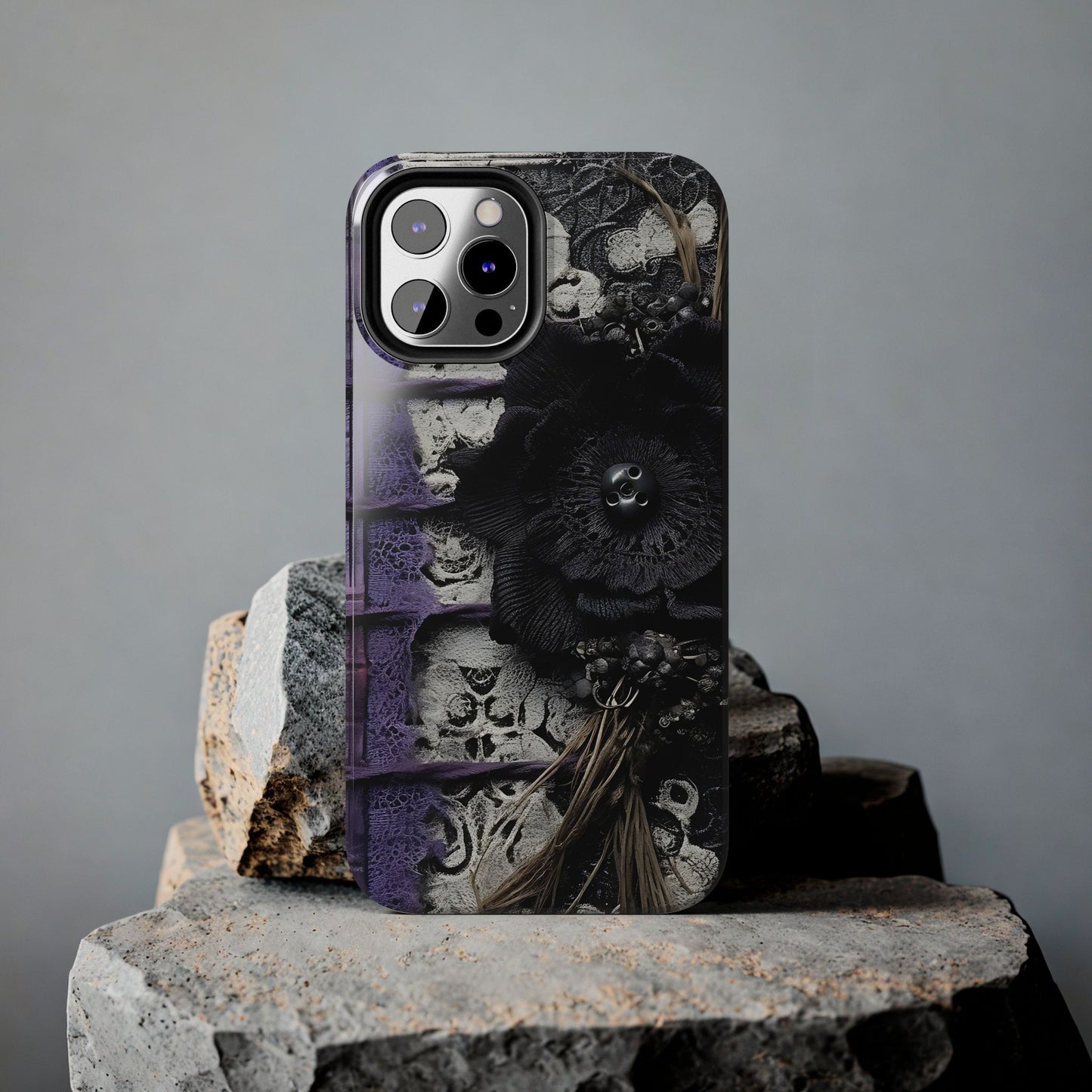 Gothic Skull Floral Tough Phone Case – Black Flower & Purple Accent Protective Cover
