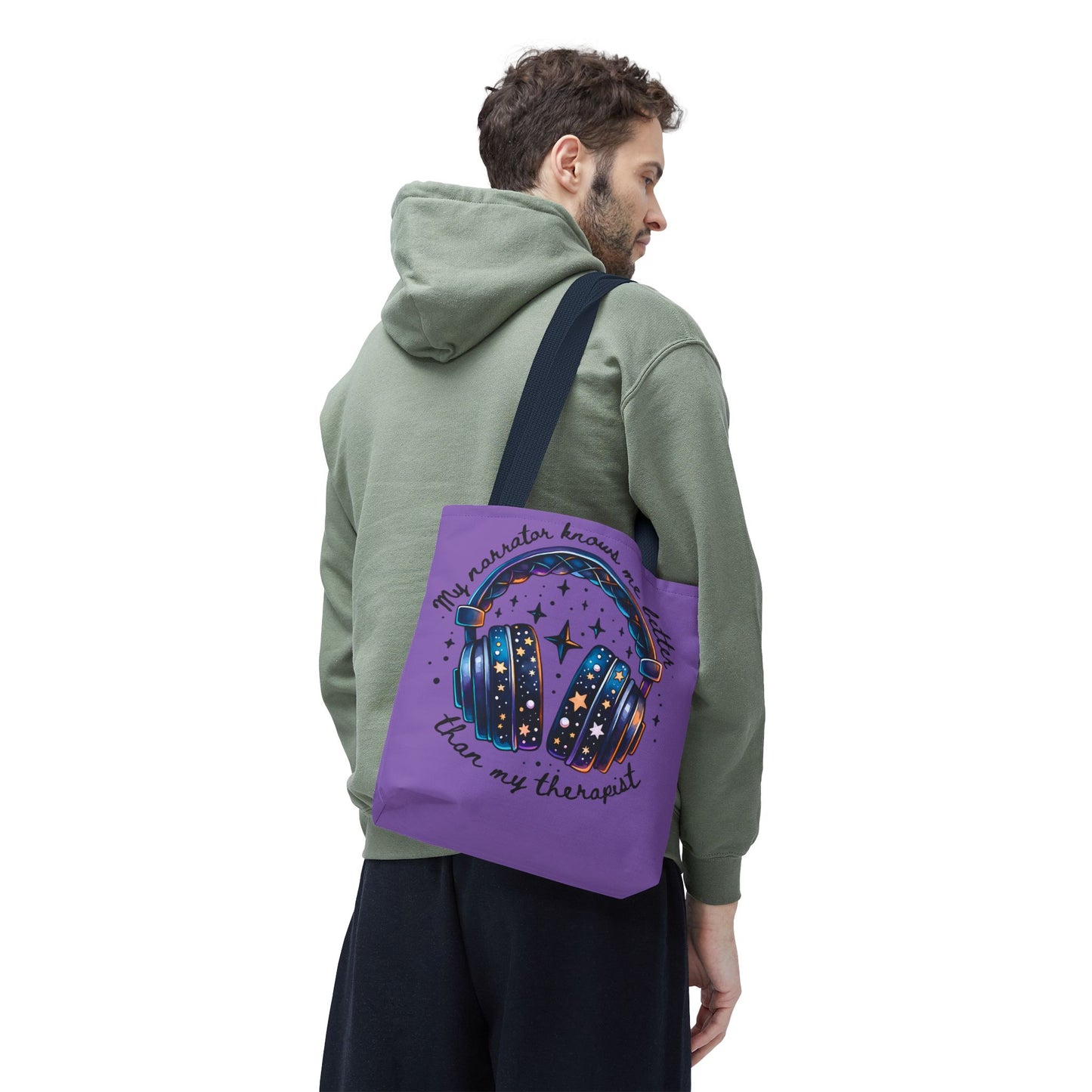 Galaxy Headphones Tote Bag — "My Narrator Knows Me Better Than My Therapist" Book Lover Tote