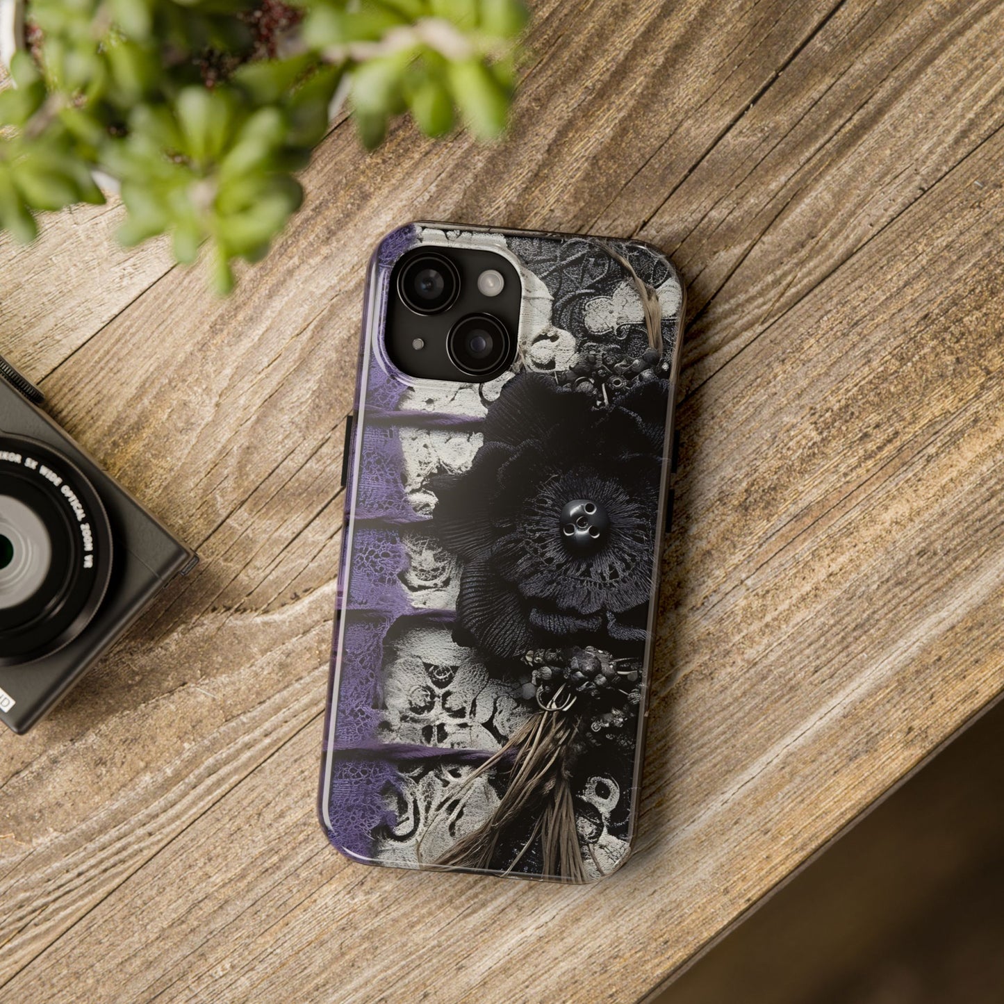 Gothic Skull Floral Tough Phone Case – Black Flower & Purple Accent Protective Cover
