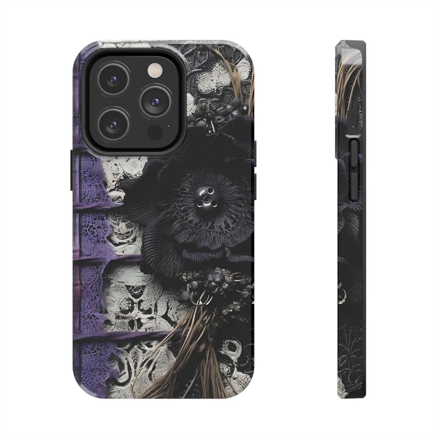 Gothic Skull Floral Tough Phone Case – Black Flower & Purple Accent Protective Cover