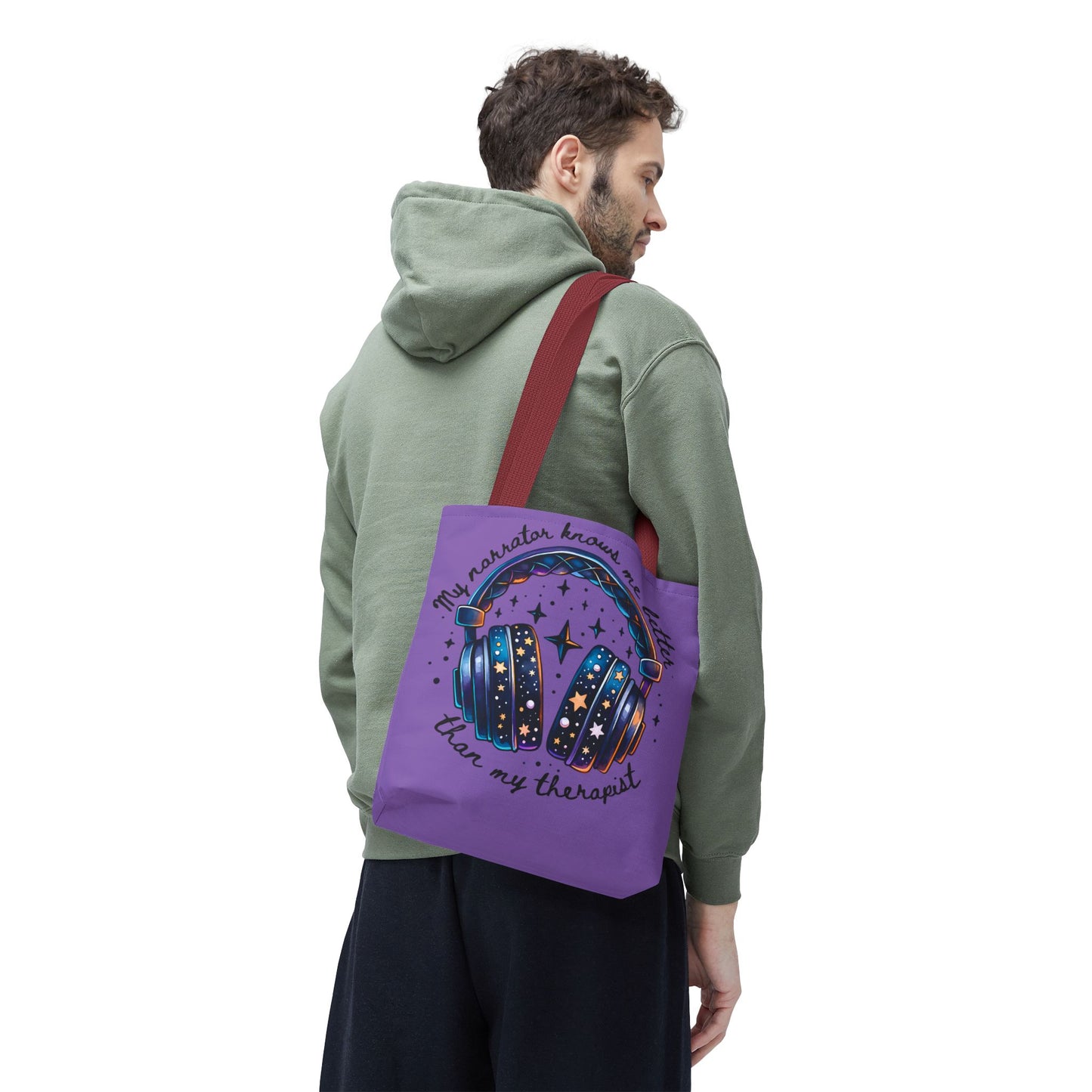 Galaxy Headphones Tote Bag — "My Narrator Knows Me Better Than My Therapist" Book Lover Tote