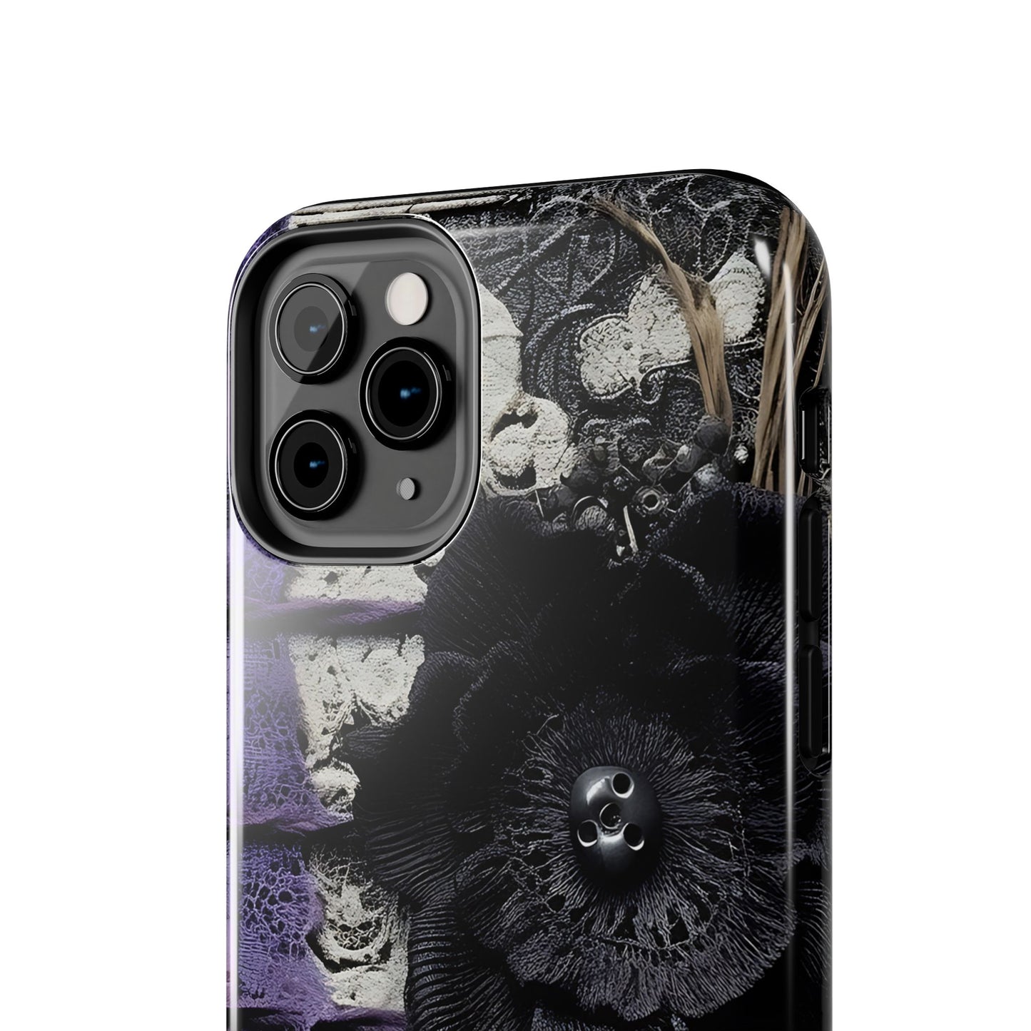 Gothic Skull Floral Tough Phone Case – Black Flower & Purple Accent Protective Cover