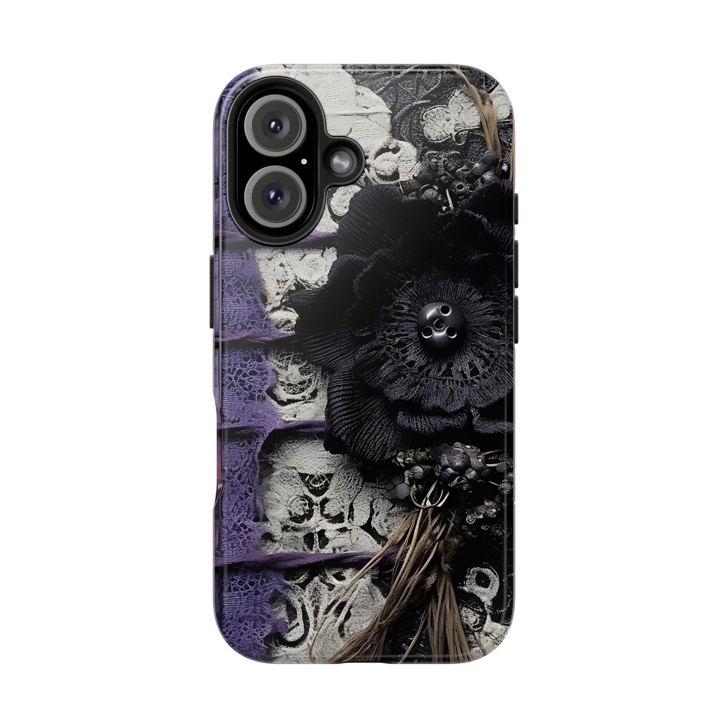 Gothic Skull Floral Tough Phone Case – Black Flower & Purple Accent Protective Cover