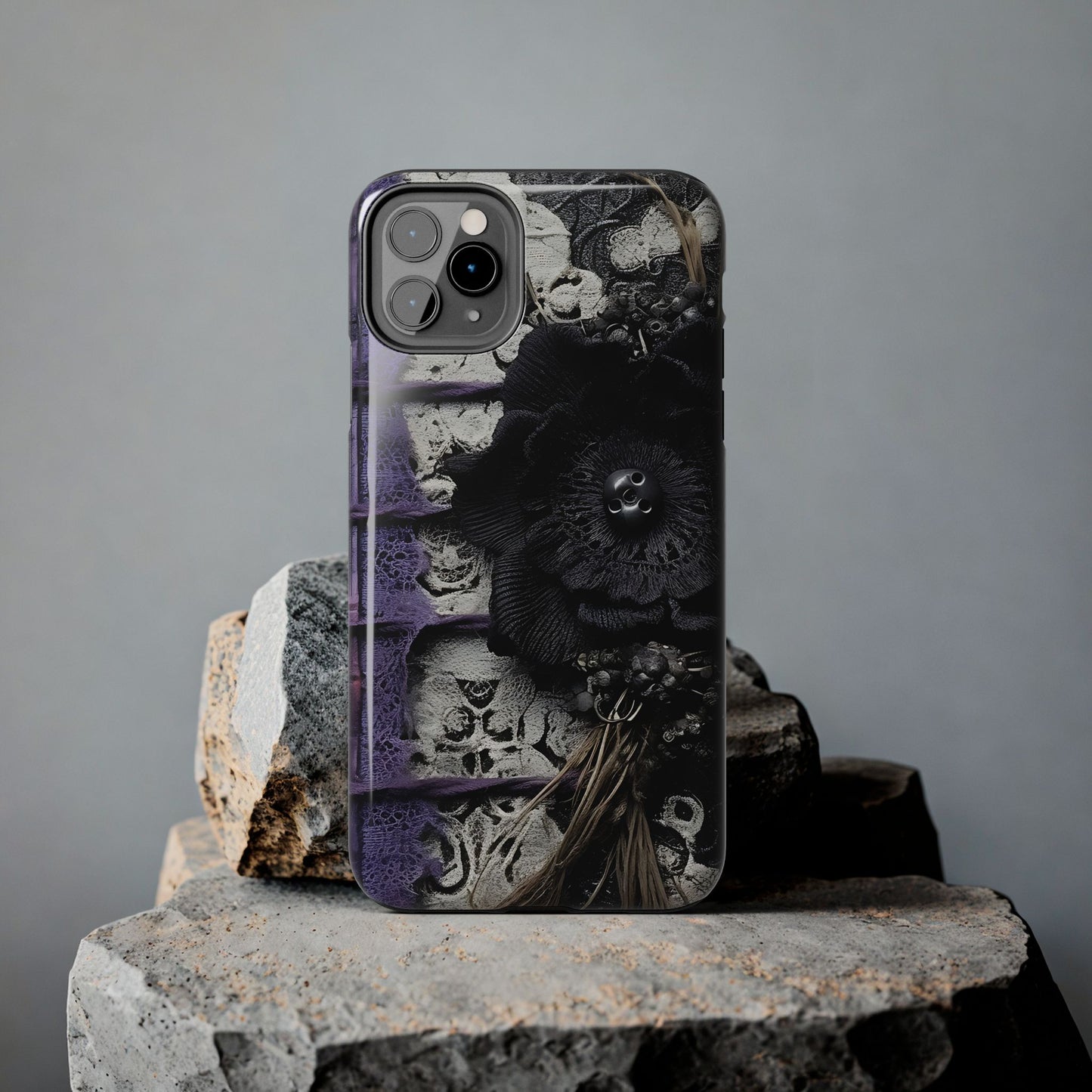 Gothic Skull Floral Tough Phone Case – Black Flower & Purple Accent Protective Cover