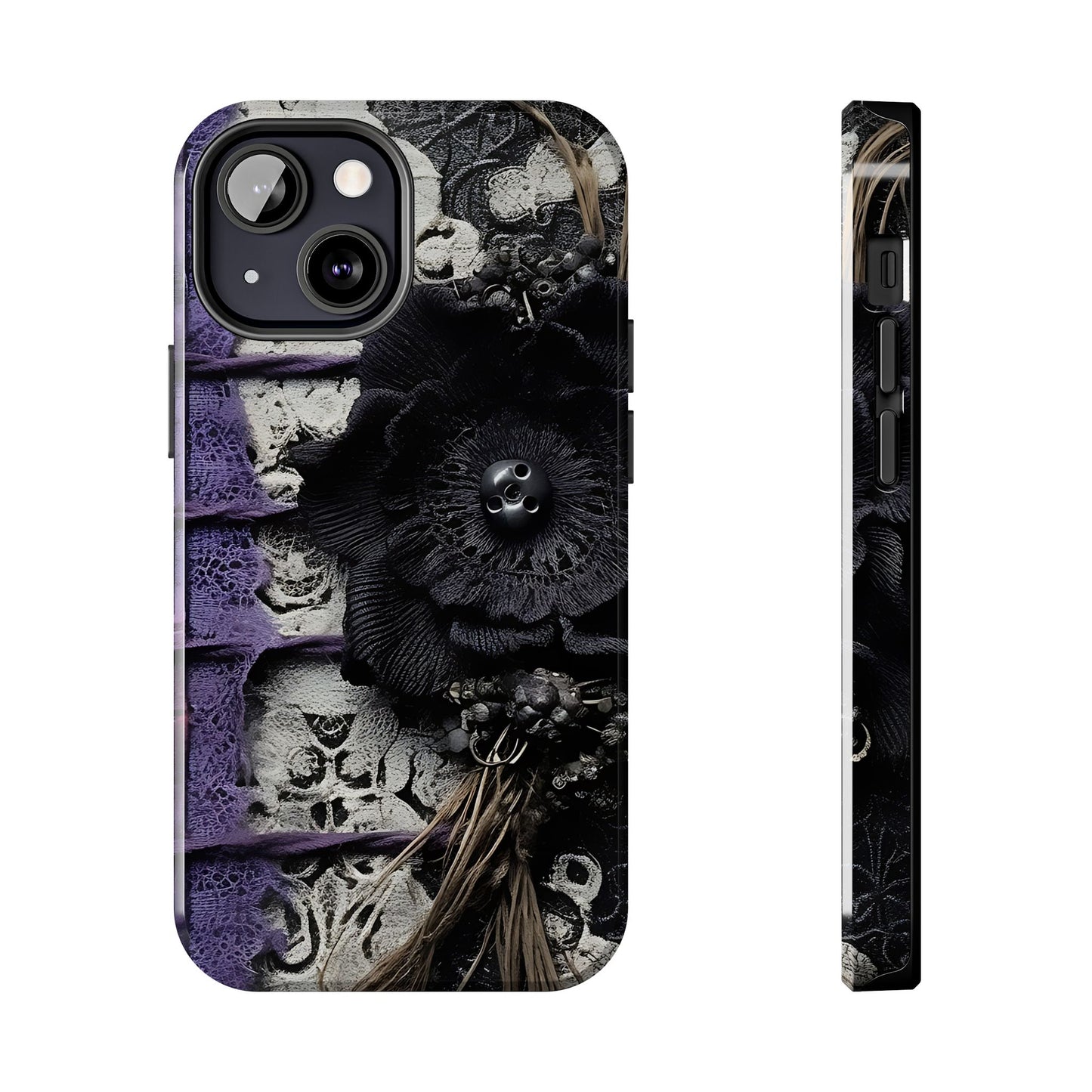 Gothic Skull Floral Tough Phone Case – Black Flower & Purple Accent Protective Cover
