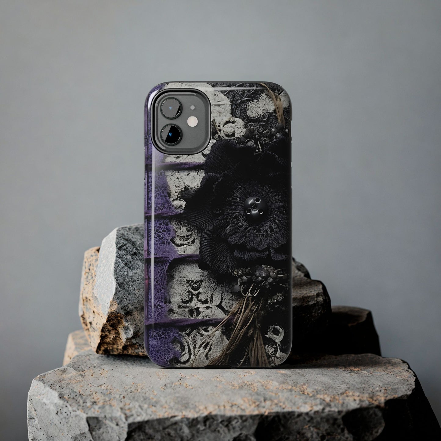 Gothic Skull Floral Tough Phone Case – Black Flower & Purple Accent Protective Cover