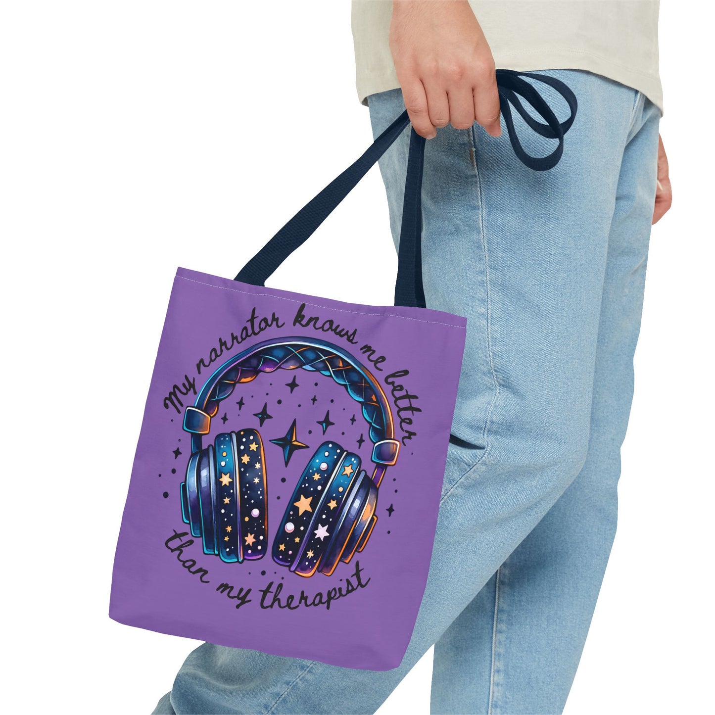 Galaxy Headphones Tote Bag — "My Narrator Knows Me Better Than My Therapist" Book Lover Tote