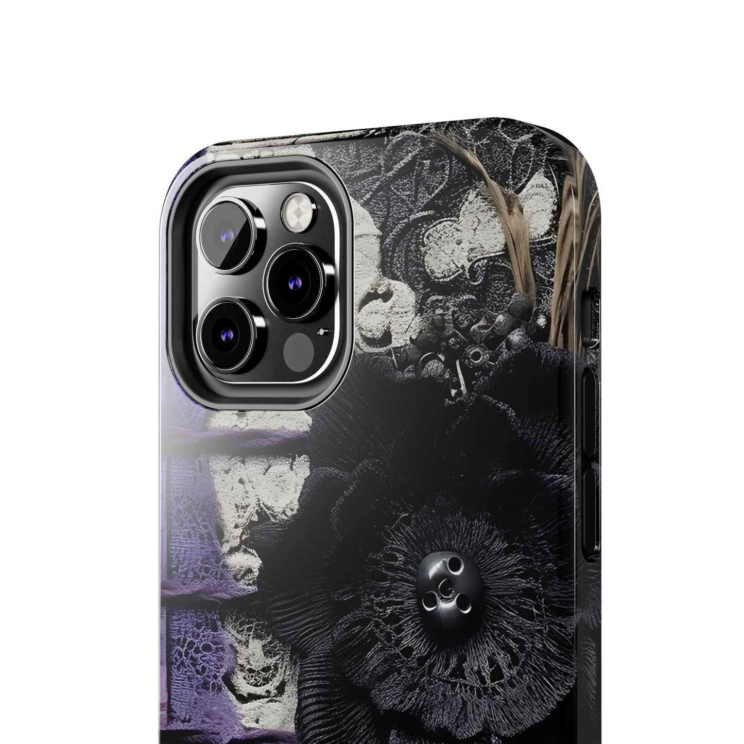 Gothic Skull Floral Tough Phone Case – Black Flower & Purple Accent Protective Cover