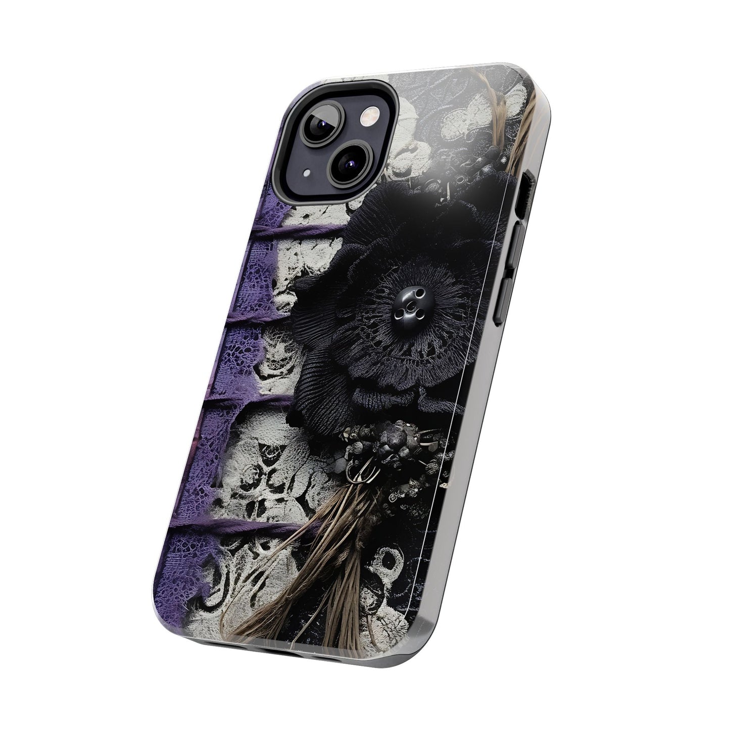 Gothic Skull Floral Tough Phone Case – Black Flower & Purple Accent Protective Cover