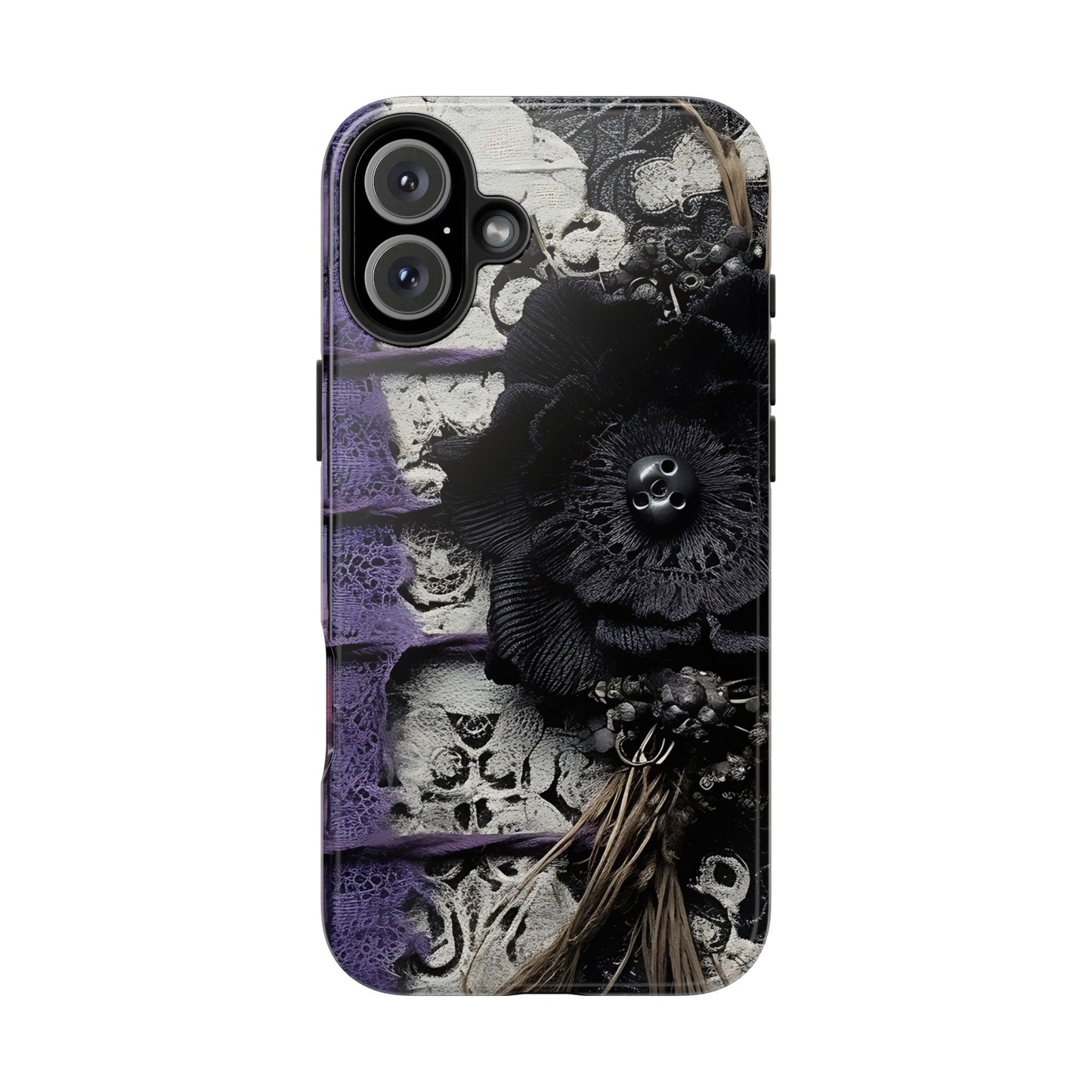 Gothic Skull Floral Tough Phone Case – Black Flower & Purple Accent Protective Cover