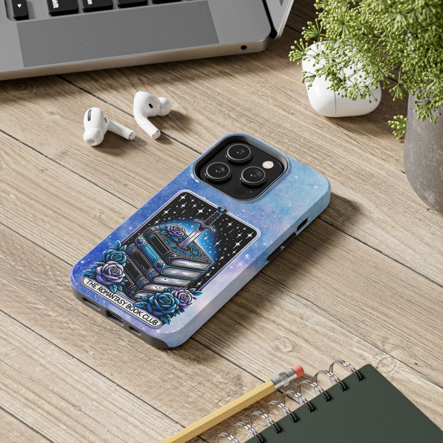 Fantasy Book Club Tough Phone Case — Sword & Stacked Books Design