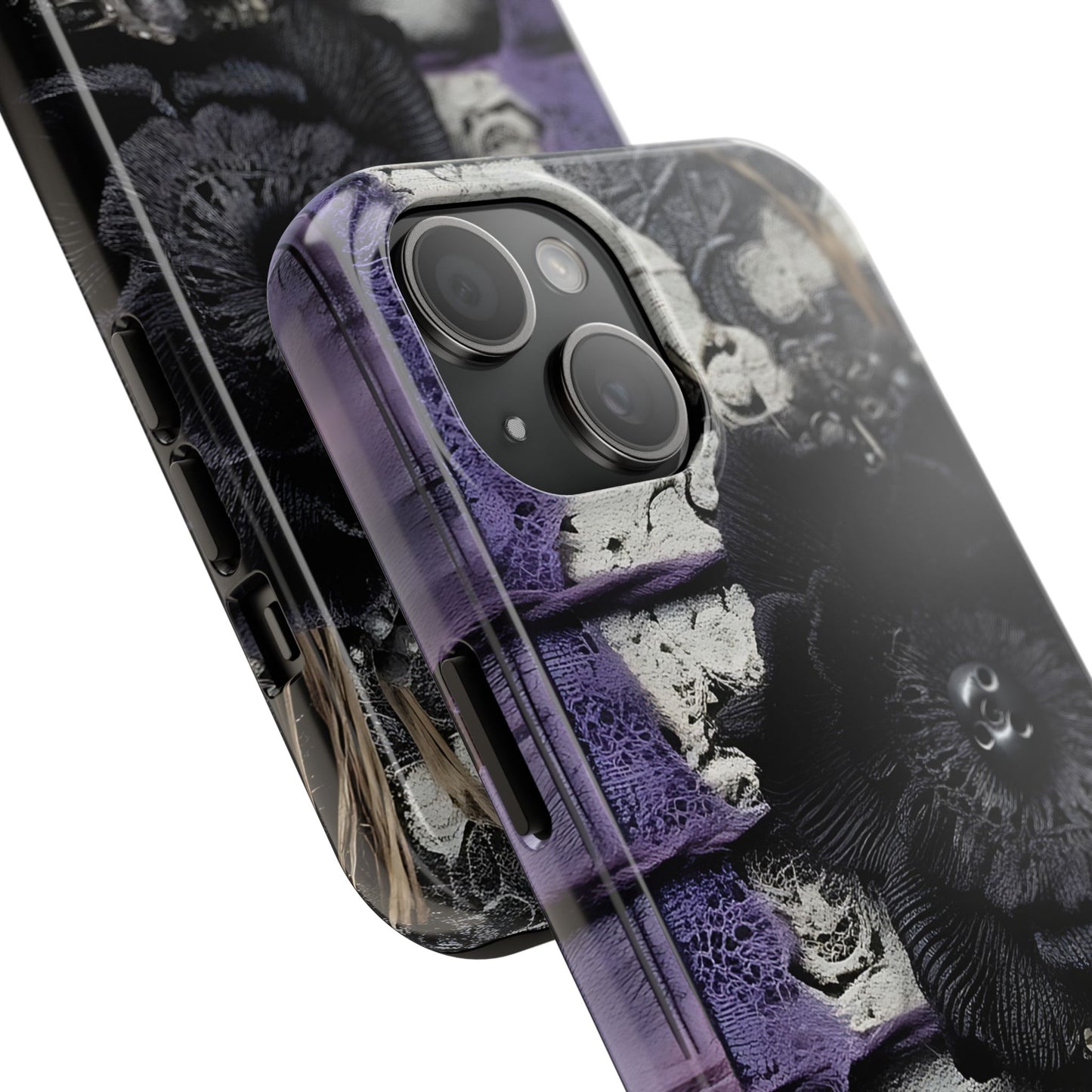 Gothic Skull Floral Tough Phone Case – Black Flower & Purple Accent Protective Cover