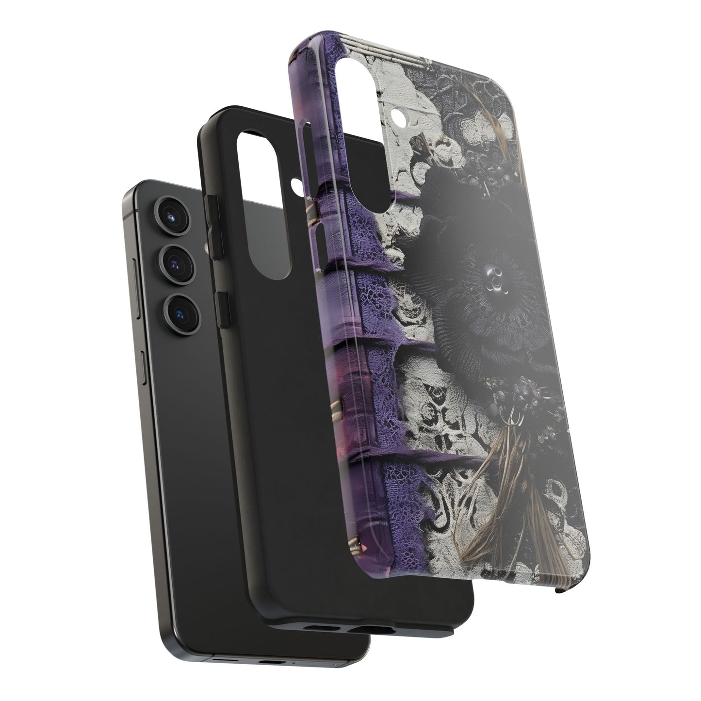 Gothic Skull Floral Tough Phone Case – Black Flower & Purple Accent Protective Cover