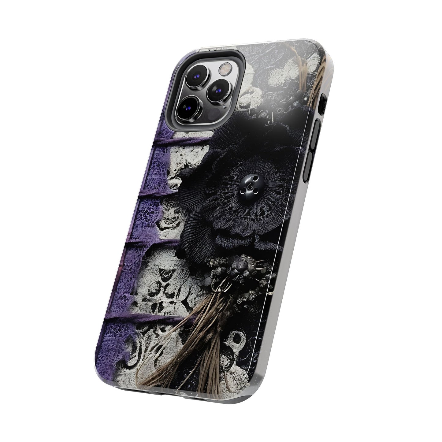 Gothic Skull Floral Tough Phone Case – Black Flower & Purple Accent Protective Cover