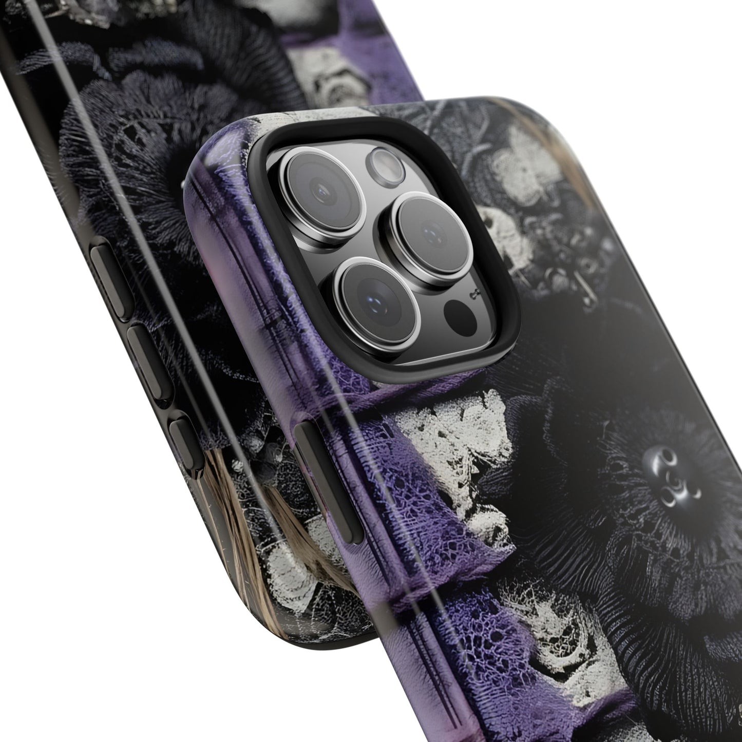 Gothic Skull Floral Tough Phone Case – Black Flower & Purple Accent Protective Cover