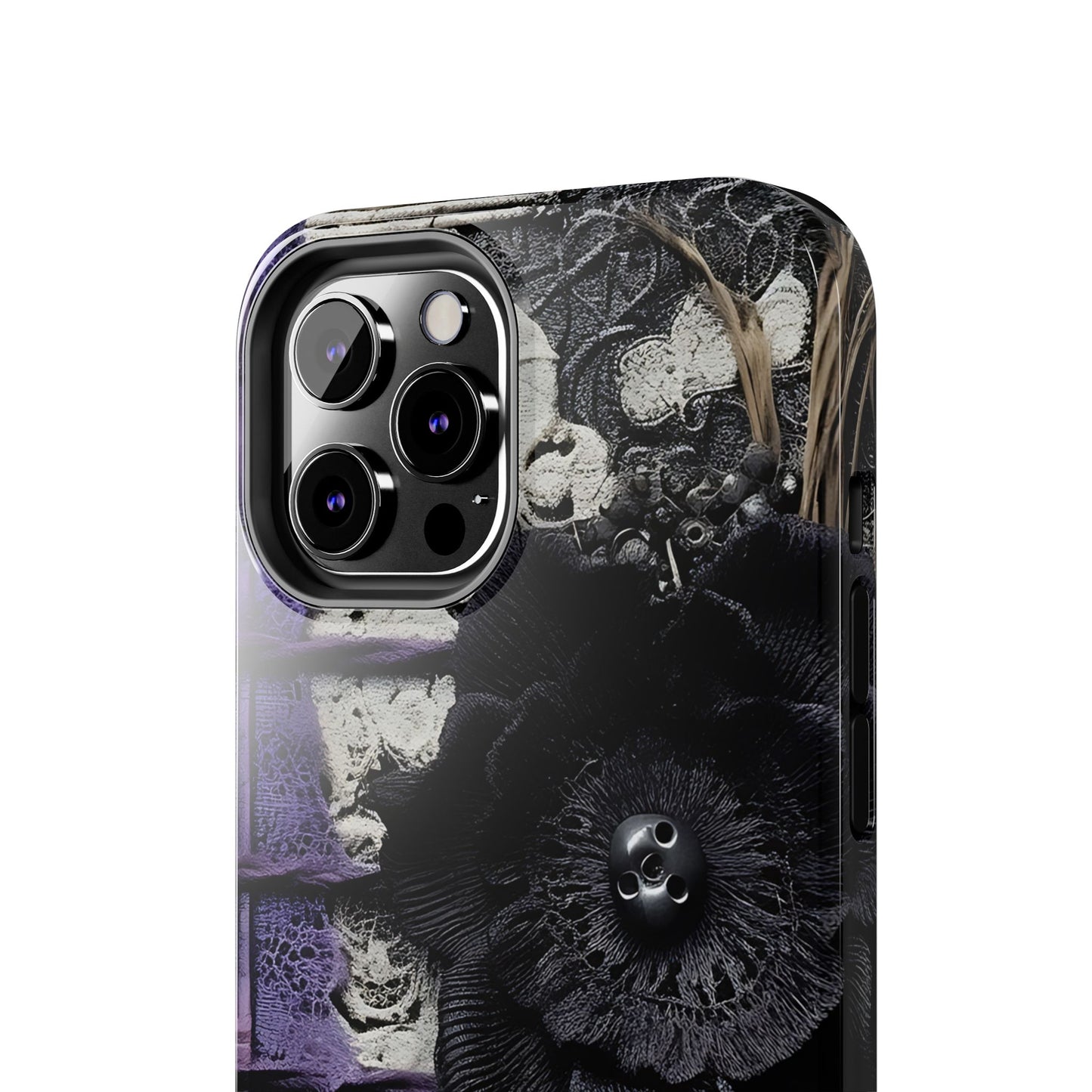 Gothic Skull Floral Tough Phone Case – Black Flower & Purple Accent Protective Cover