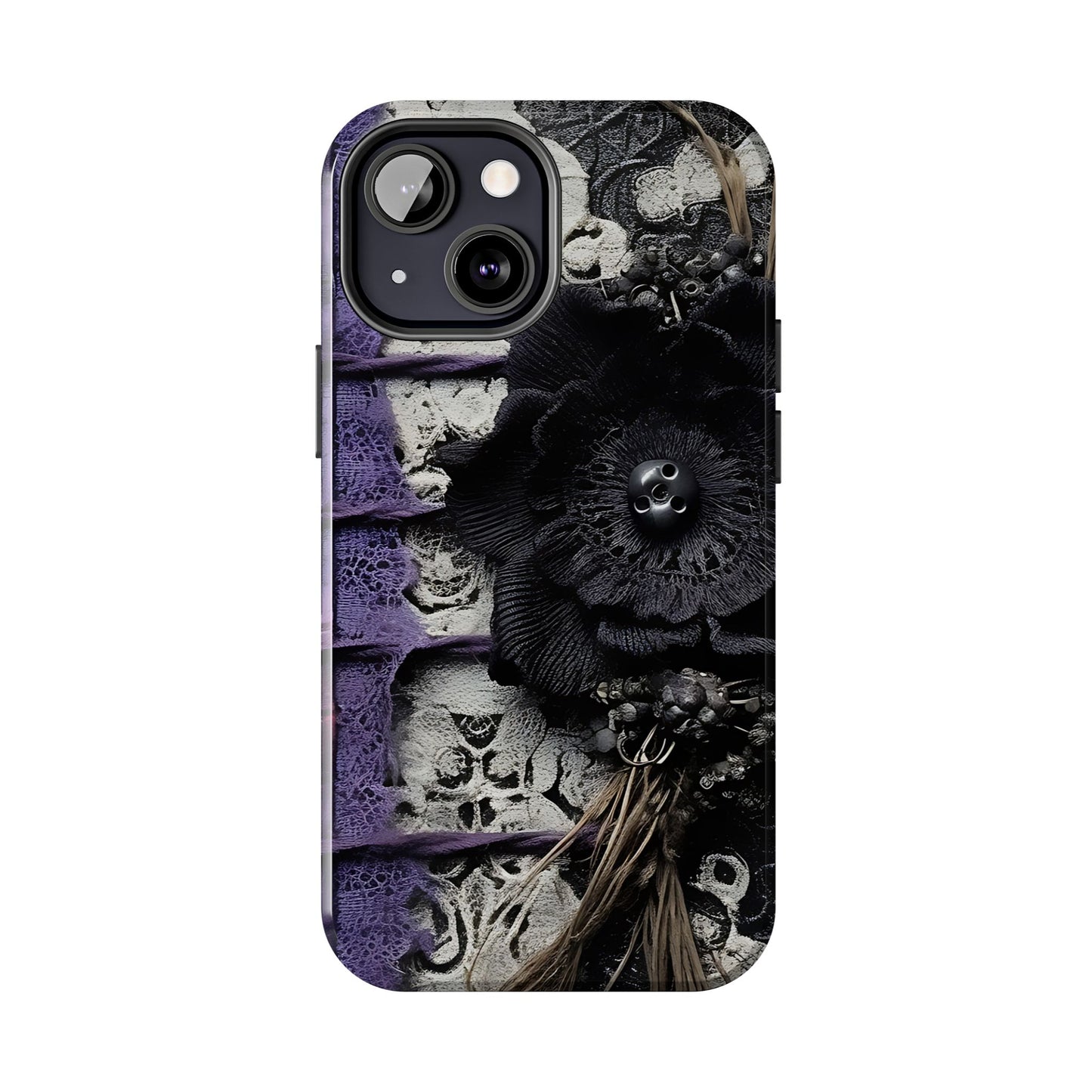 Gothic Skull Floral Tough Phone Case – Black Flower & Purple Accent Protective Cover