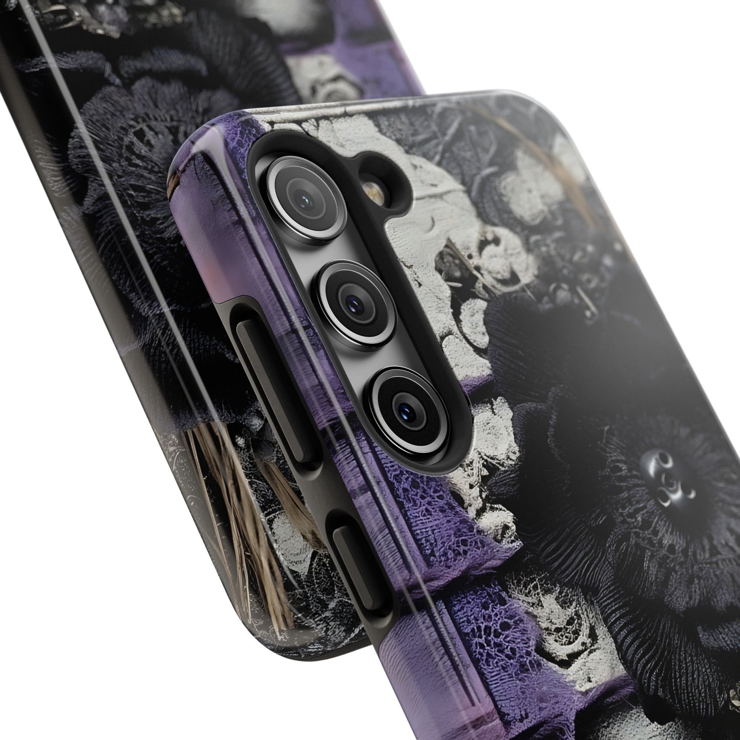 Gothic Skull Floral Tough Phone Case – Black Flower & Purple Accent Protective Cover