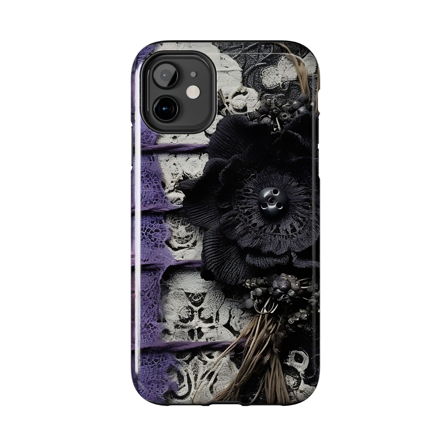 Gothic Skull Floral Tough Phone Case – Black Flower & Purple Accent Protective Cover