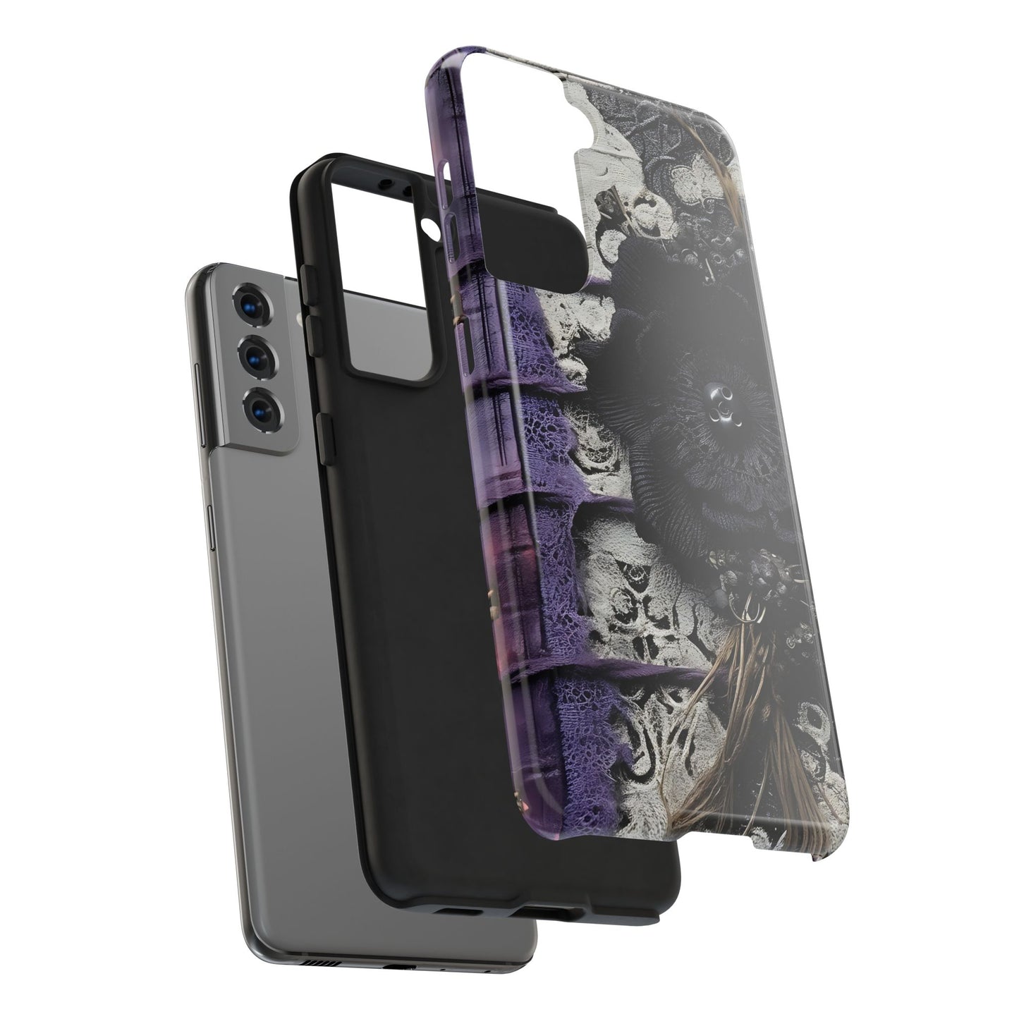 Gothic Skull Floral Tough Phone Case – Black Flower & Purple Accent Protective Cover