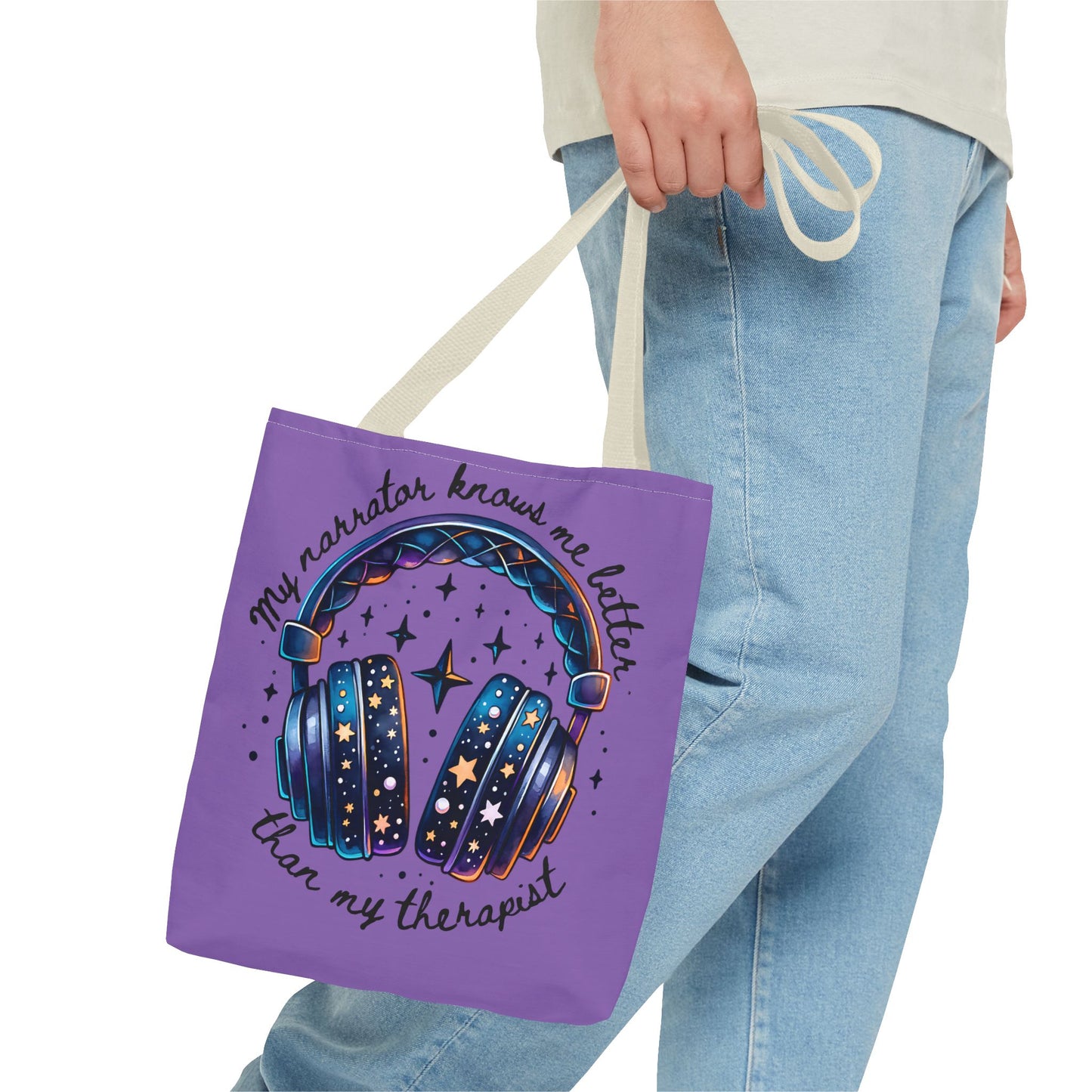 Galaxy Headphones Tote Bag — "My Narrator Knows Me Better Than My Therapist" Book Lover Tote