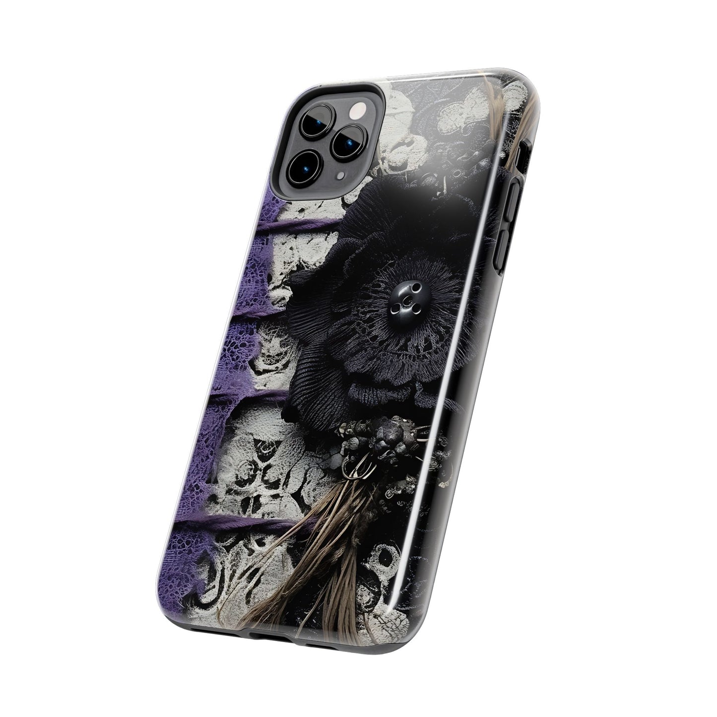 Gothic Skull Floral Tough Phone Case – Black Flower & Purple Accent Protective Cover